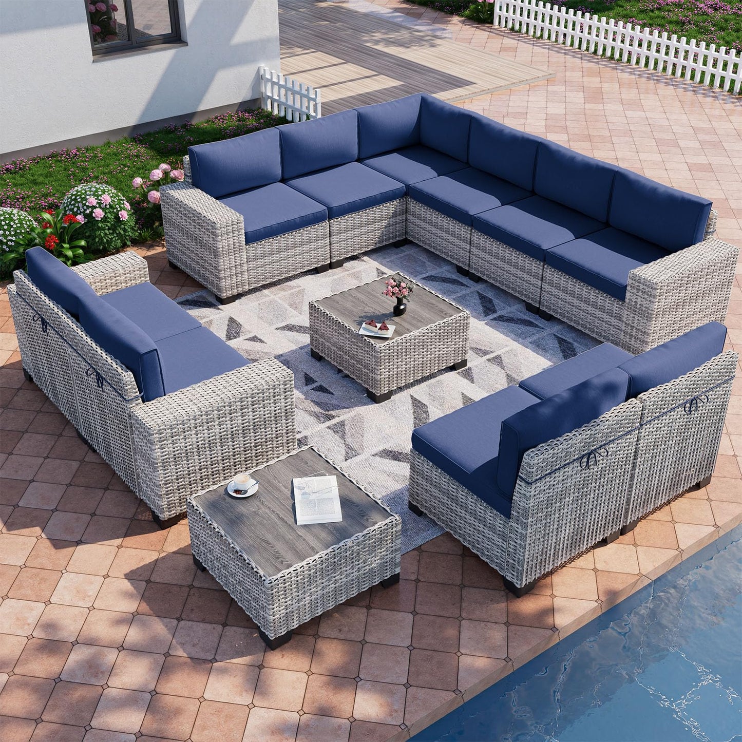 6-Piece Outdoor Patio Furniture Set Wicker Sectional Sofa Set, Patio Conversation Set with Thickened Cushions & Coffee Table for Garden, Backyard, Poolside, Beige