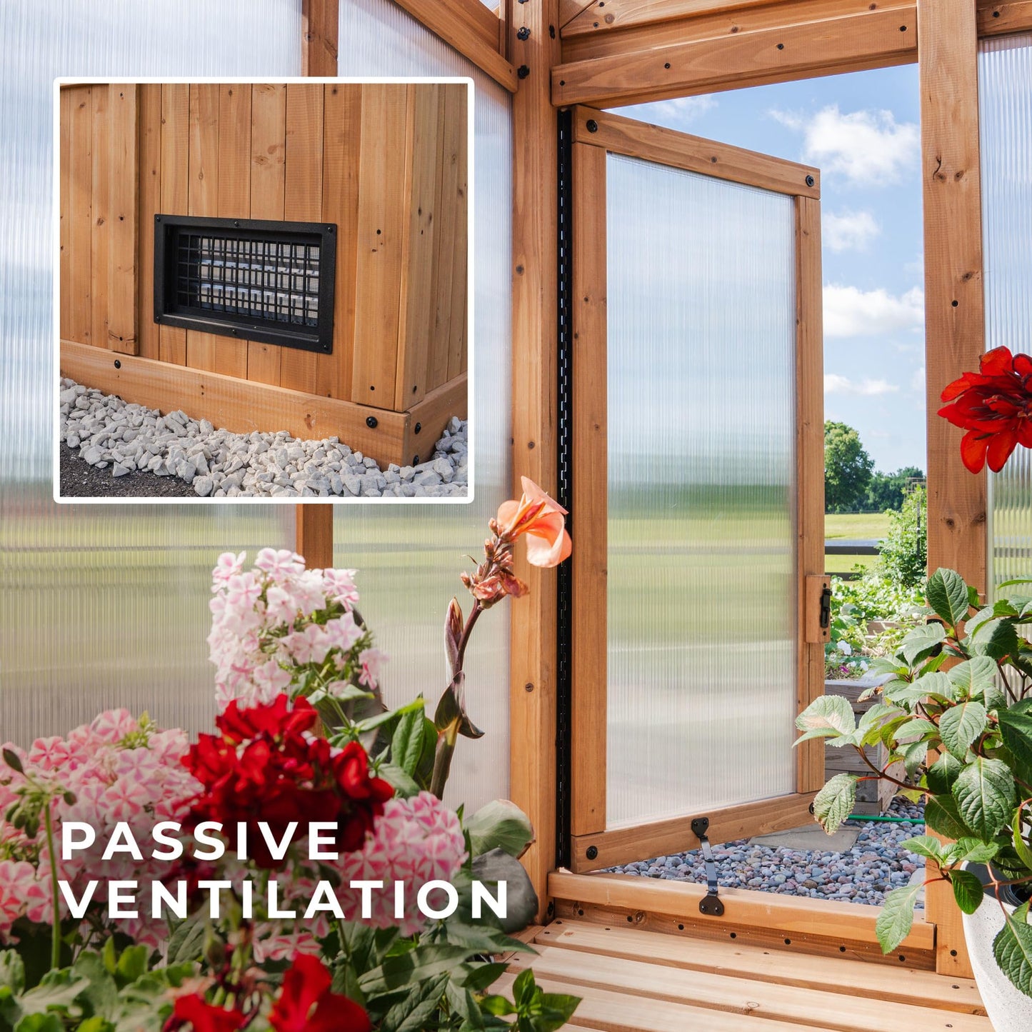 Backyard Discovery Bellerose XL 13' x 11' Cedar Wood and Polycarbonate Walk-in Greenhouse Kit with Pergola, Exhaust Fan, Windows, Hose Hook-Ups, PowerPort, Staging Shelves for Outdoor Gardening