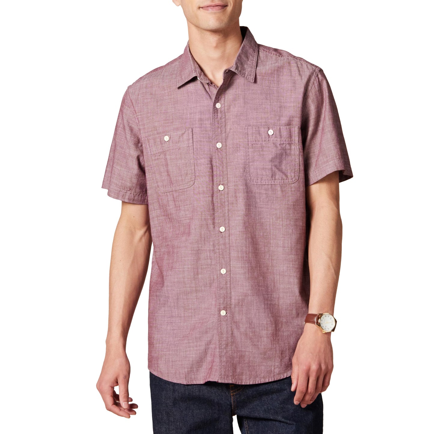 Amazon Essentials Men's Regular-Fit Short-Sleeve Button-Down Chambray Shirt