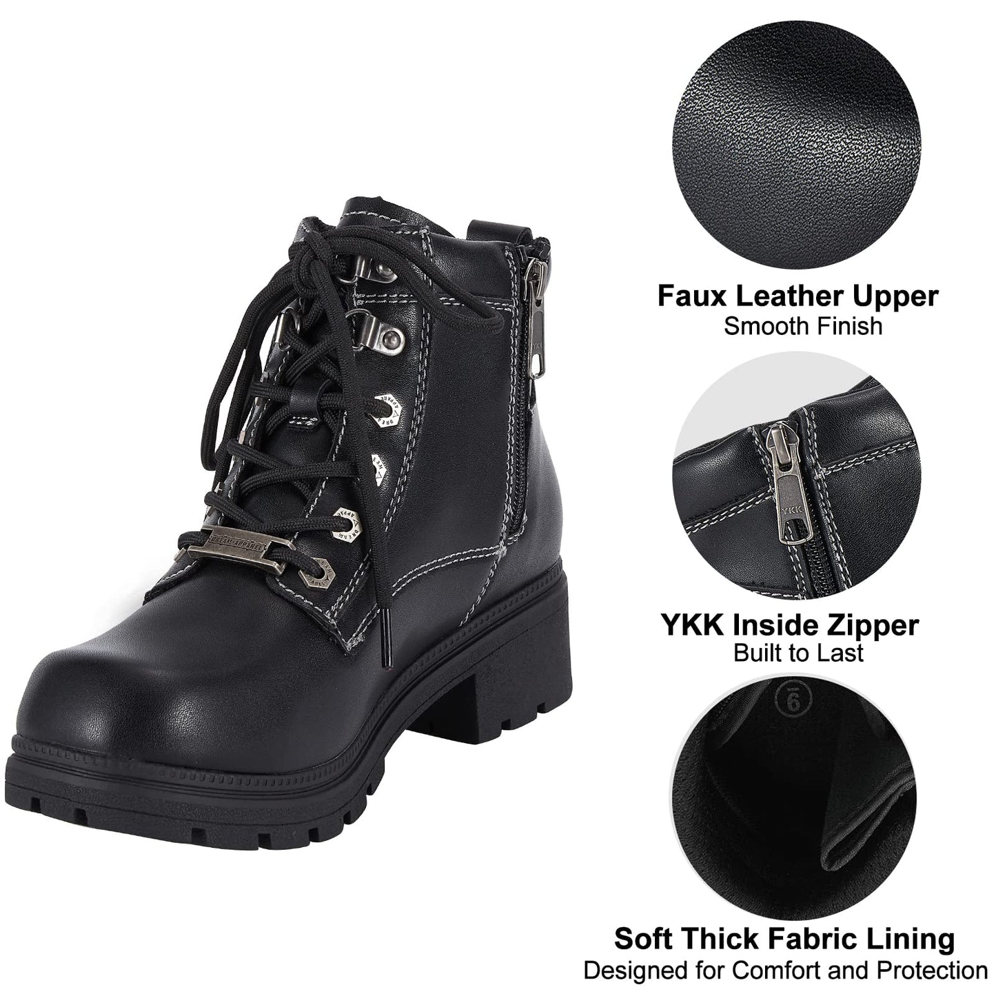 Dream Apparel Womens Lace Up Motorcycle Riding Boots with Side Zipper, Black Faux Leather Ankle Booties Biker Boots, Military Combat Booties for Ladies with Low Heel