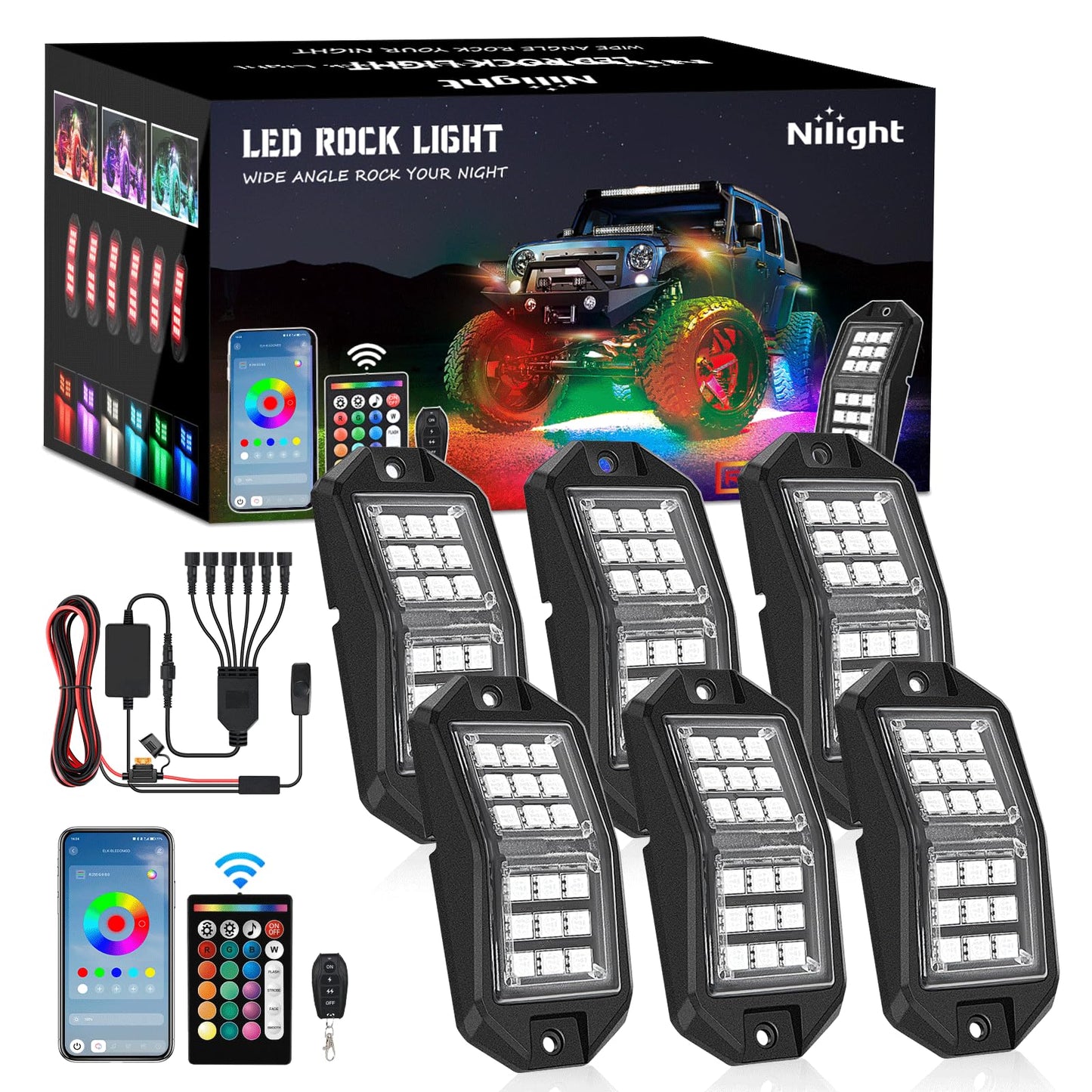 Nilight RGB LED Rock Lights Kit, 4 pods Underglow Multicolor Neon Light Pod with Bluetooth App Control Flashing Music Mode Wheel Well Light for Truck ATV UTV RZR SUV