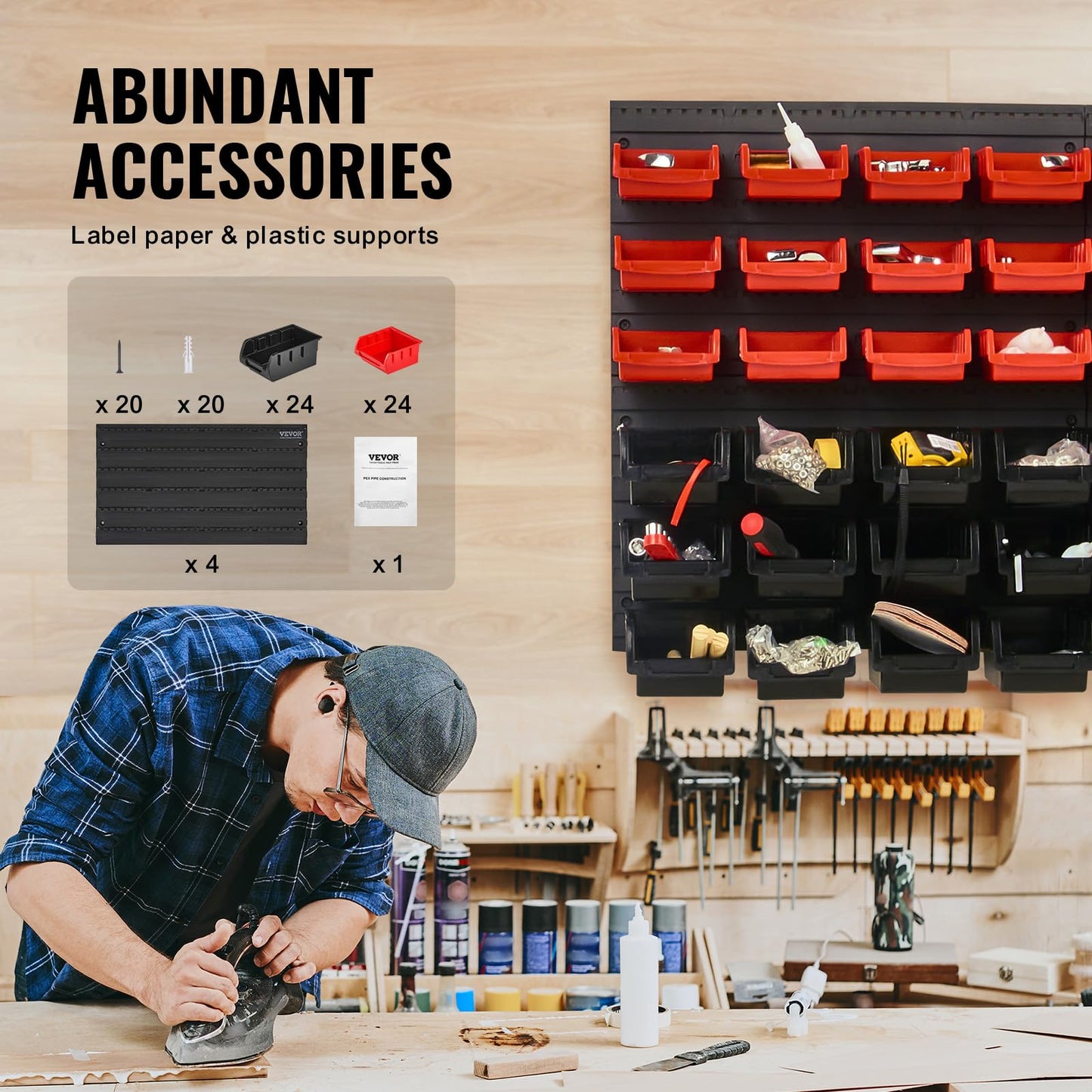 VEVOR Wall Mounted Storage Rack System, 30-Bin Parts Rack Organizer with Wall Panels/Tool Holders/Hooks, Garage Plastic Shop Tool Organizer for Nuts, Bolts, Screws, Nails, Beads, Buttons