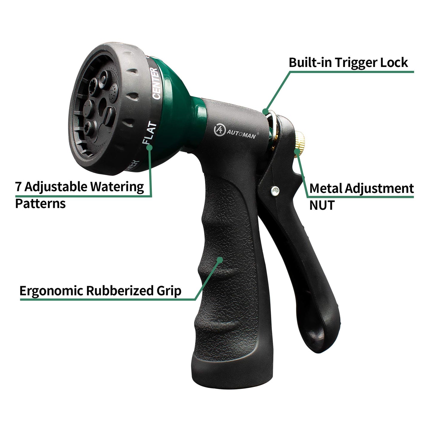 AUTOMAN-Garden-Hose-Nozzle, ABS Water Spray Nozzle with 7 Adjustable Watering Patterns, Slip Resistant for Watering Plants, Lawn& Garden, Washing Cars, Cleaning, Showering Pets & Outdoor Fun.
