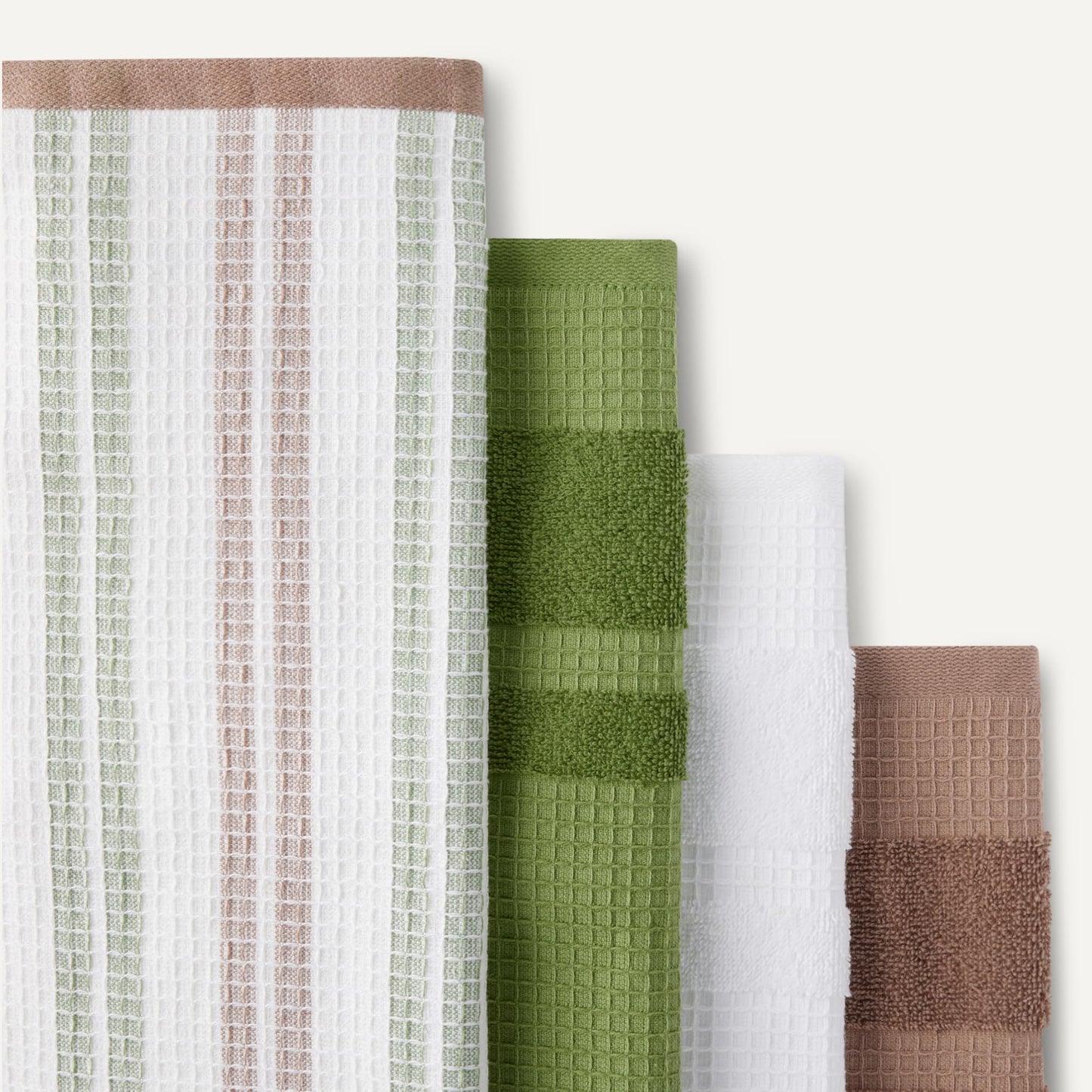 Amazon Basics Organic Cotton Waffle Kitchen Dish Towels - Ultra Absorbent, Quick Drying, Lint-Free, 15 x 25 inches, 6-Pack (2pc Olive Light/Brown Strip, 2pc Brown, 1pc Olive, 1pc White)