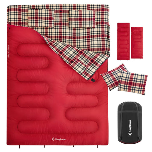KingCamp Queen Size 2 Person Double Sleeping Bags with Pillows for Adults, 20 Degree Lightweight Backpacking Quilts for Couples Family Camping Hiking and Outdoors, Waterproof