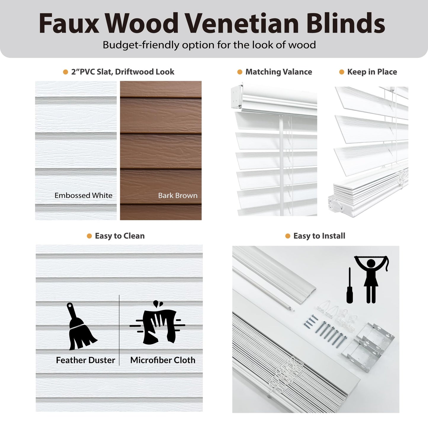 DEZ FURNISHINGS Cordless 2" Signature Faux Wood Blind, 46" W x 48" H, Embossed White