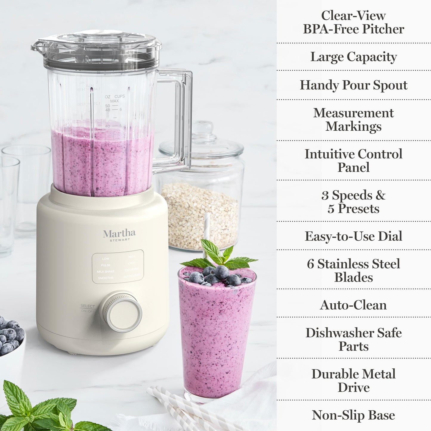Martha Stewart 50oz Countertop Blender, Smoothie, Margarita & Ice Crushing Blender, BPA-Free Pitcher, 3 Speeds, 5 Presets, Auto-Clean Function, Dishwasher Safe, Stainless Steel Blades, Sky Blue