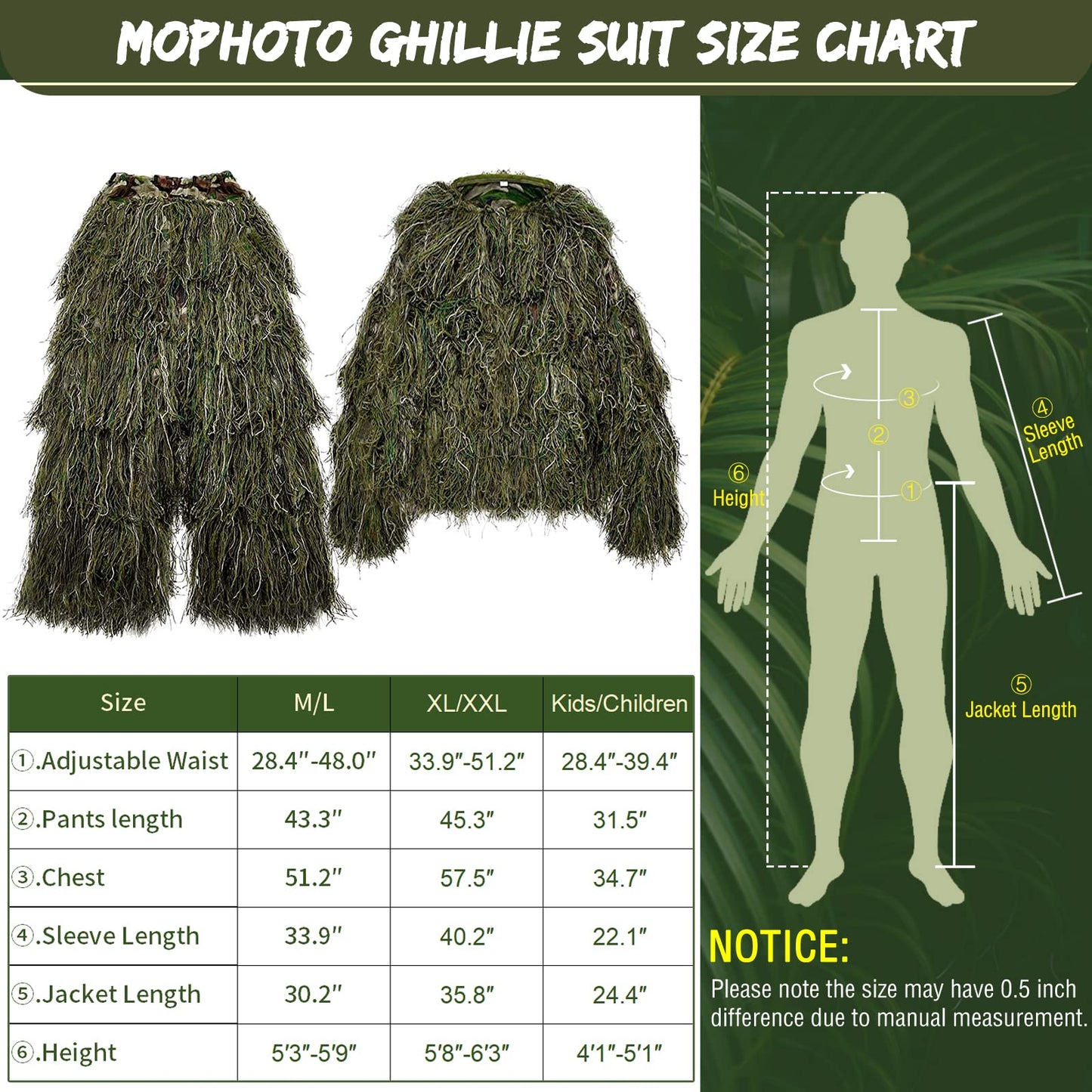 MOPHOTO 5 in 1 Ghillie Suit, 3D Camouflage Hunting Apparel Including Jacket, Pants, Hood, Carry Bag Suitable for Unisex Adults/Youth (M/L/XL/XXL)