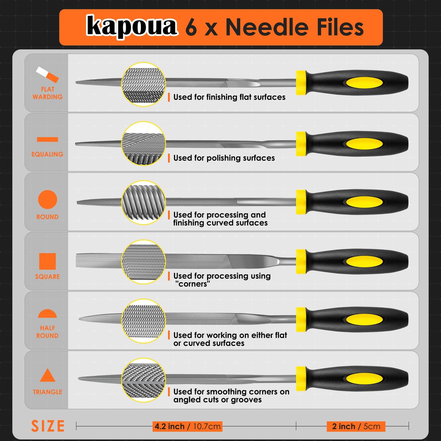 6-Piece Metal Needle File Set - Hardened Alloy Steel Includes Flat, Warding, Square, Triangular, Round, and Half-Round Files