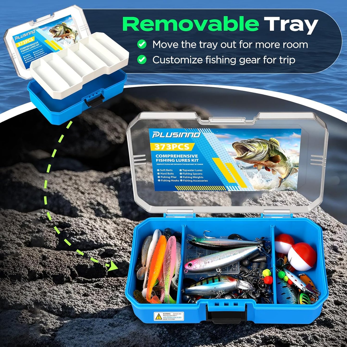 PLUSINNO Fishing Tackle Box with Tackle Included, 373PCS Fishing Lures Kit with Removable Tray, Fishing Gear with Pliers, Weights, Hooks, Accessories, Fishing Tackle Lure Kit Gifts for Men Bass Trout