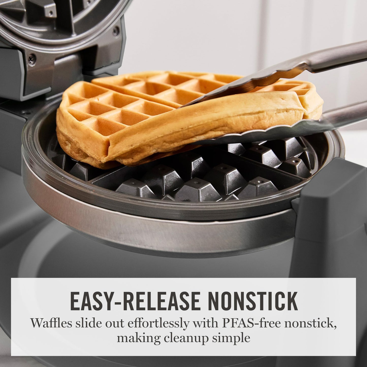 Martha Stewart Rotating Waffle Maker, 180° Flip Iron with PFAS-Free Nonstick Plates, Adjustable Timer, Ready Light, Drip Tray, Space Saving, Classic Round 7”, Easy to Clean, Stainless Steel, Sky Blue