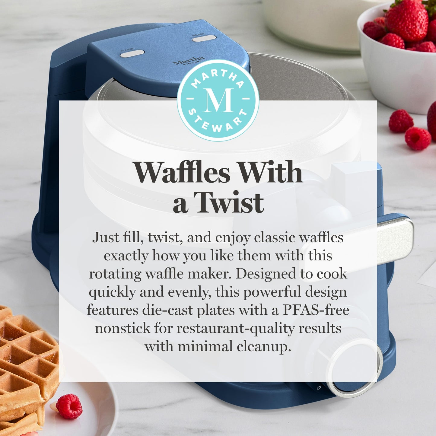 Martha Stewart Rotating Waffle Maker, 180° Flip Iron with PFAS-Free Nonstick Plates, Adjustable Timer, Ready Light, Drip Tray, Space Saving, Classic Round 7”, Easy to Clean, Stainless Steel, Sky Blue