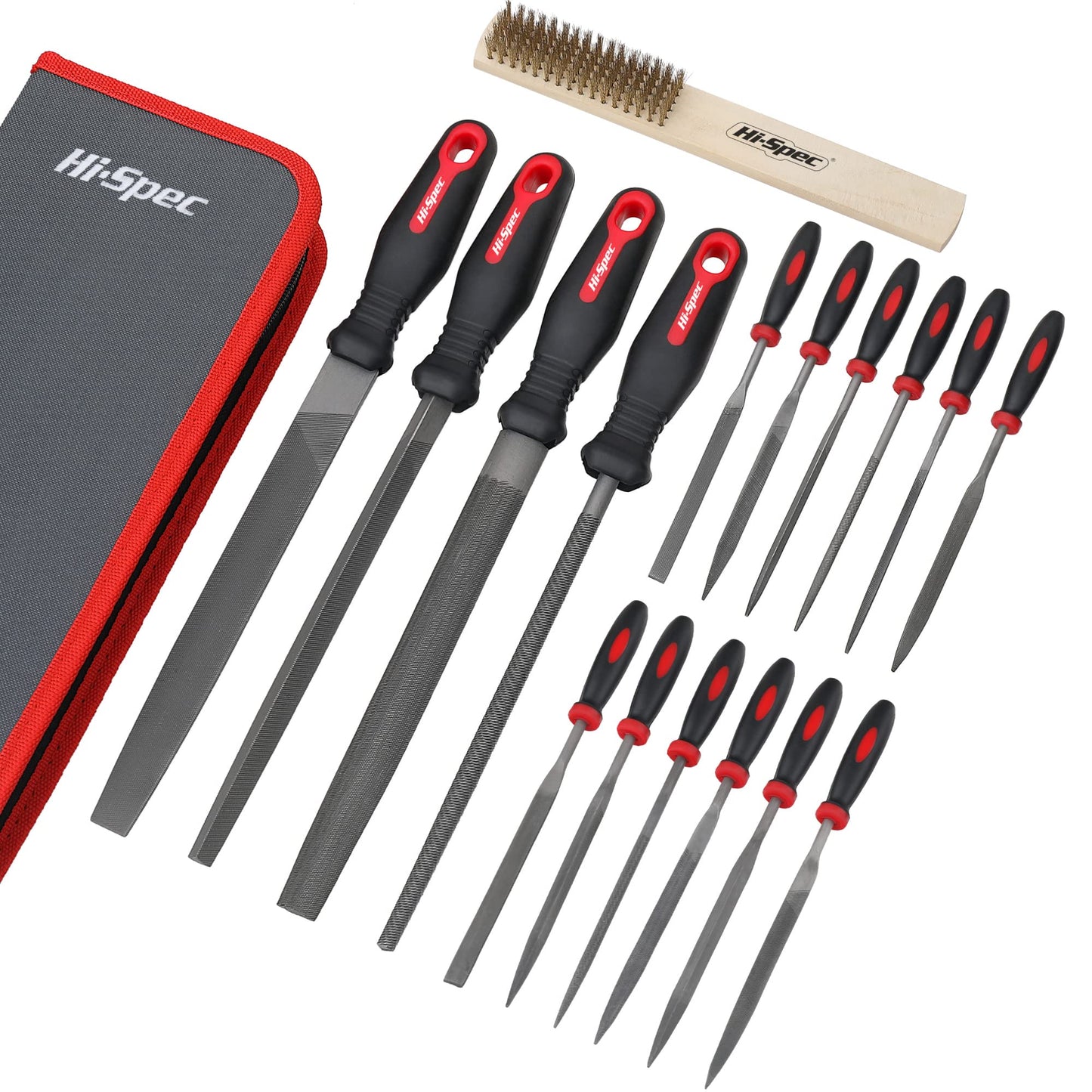 Hi-Spec 17 Piece Metal Hand & Needle File Tool Kit Set. Large & Small Mini T12 Carbon Steel Flat, Half-Round, Round & Triangle Files. Complete in a Zipper Case with a Brush