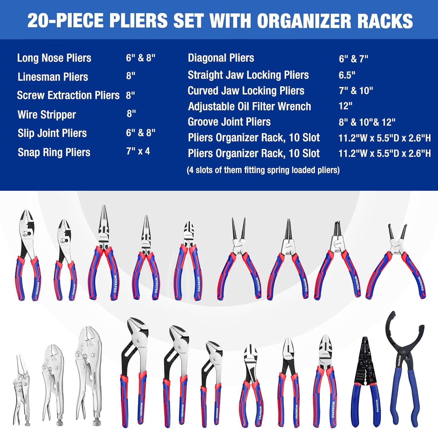 WORKPRO Pliers Set, 20-Piece Full Assortment of Pliers with 2-pack Plier Organizer Rack, Great Fits for Tool Box Drawer or Tool Chest, Ideal as Holiday, Fathers' Day and Christmas Gift