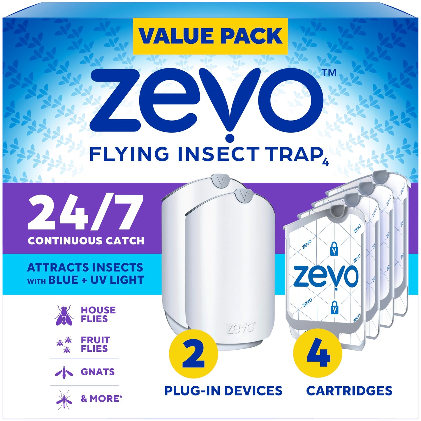 Zevo Flying Insect Trap for Indoors: Light Trap Captures Fruit Flies, Gnats and Houseflies, Starter Kit (1 Plug-in Base + 1 Cartridge)