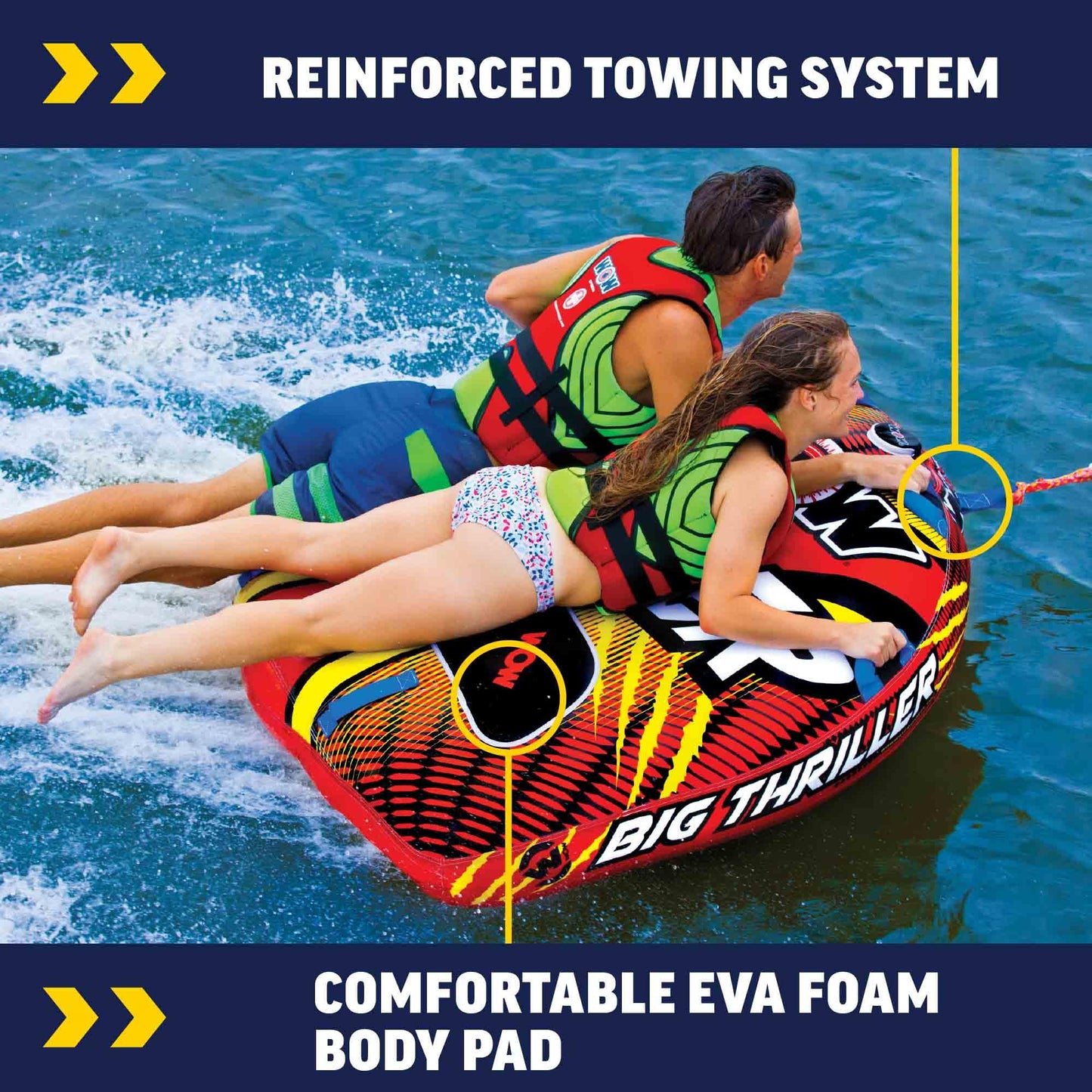 WOW Sports – Big Thriller Towable Deck Tube for Boating – 1-2 Person 340 lbs Capacity – Inflatable Boat Tube for Water Sports – Youth & Adults