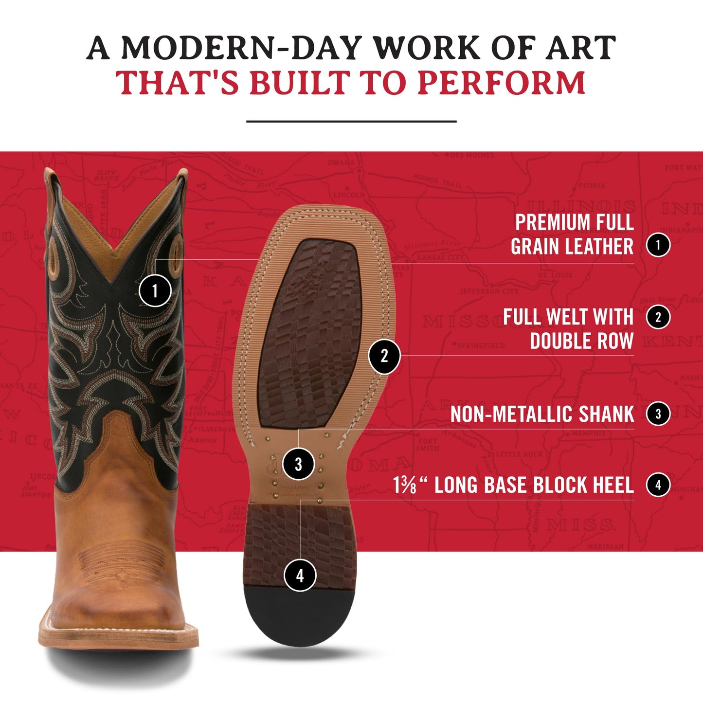 Justin Caddo 11" Western Boots for Men - Durable Premium Full-Grain Leather Square Toe Cowboy Boots Built with Full Double-Stitch Welt Construction