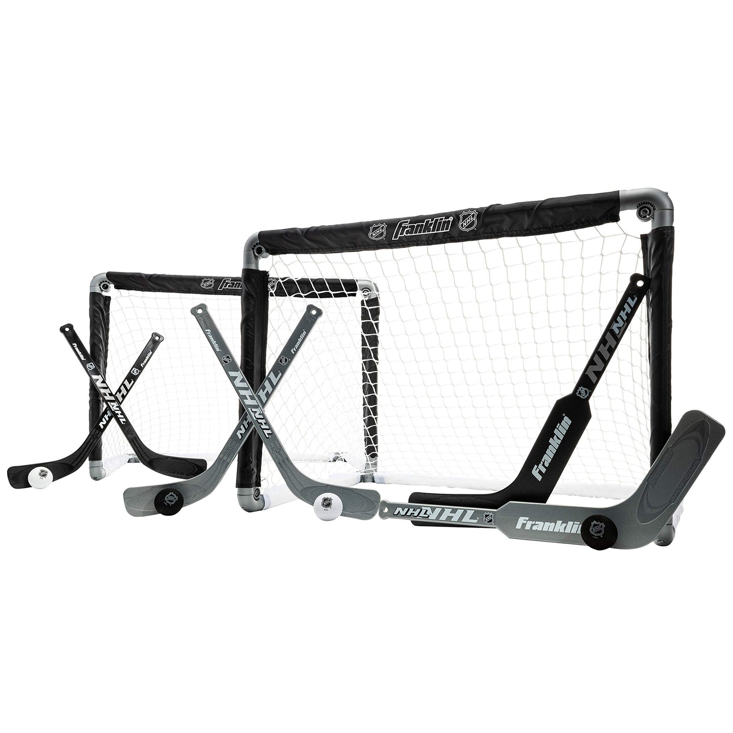 Franklin Sports NHL Mini Hockey Goal Set of 2 - Black - Includes Mini Hockey Goals, 4 Sticks, 2 Goalie Sticks, and 4 Foam Balls