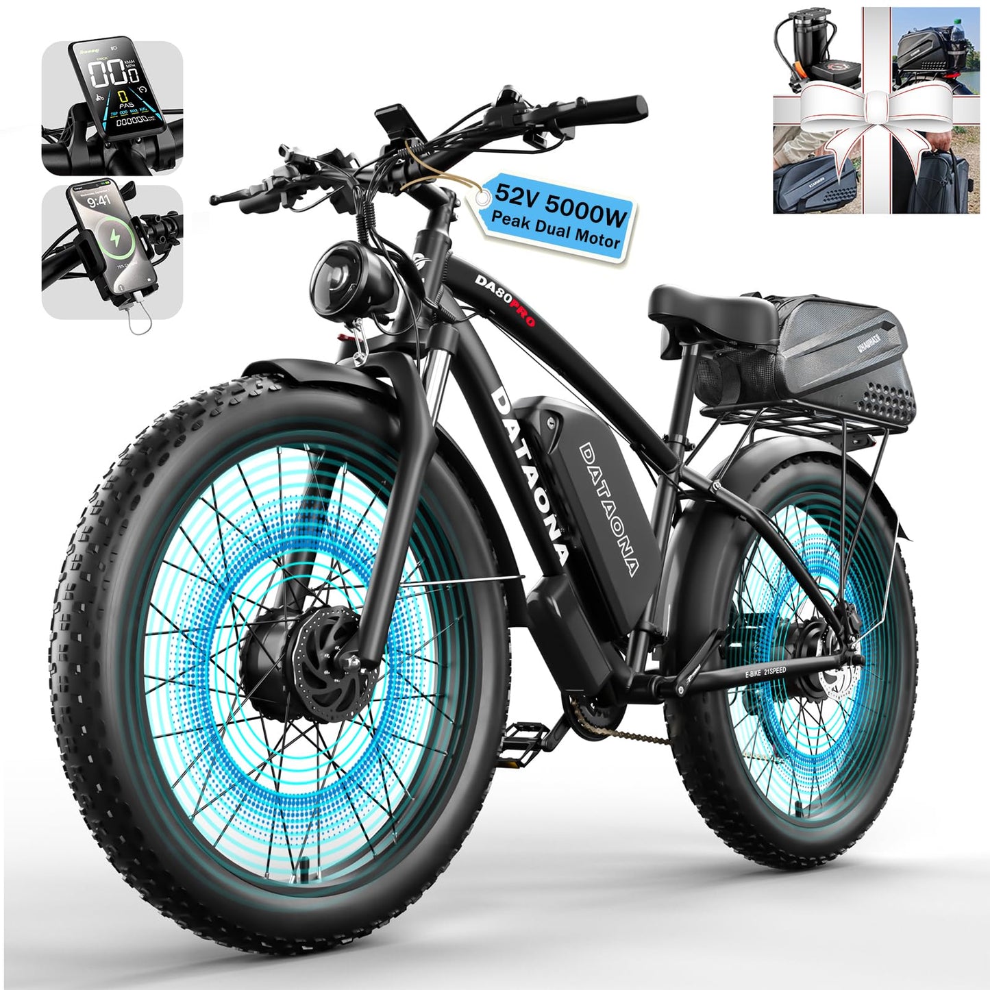 Peak 3000W/5000W Dual Motor Ebike for Adults, 52V 23Ah/32Ah Battery, 37-45MPH Max Speed Up to 80-100 Miles Range, 7/21 Speed 24"/26" Fat Tire with Hydraulic Brake UL Certificated Electric Bike Bicycle