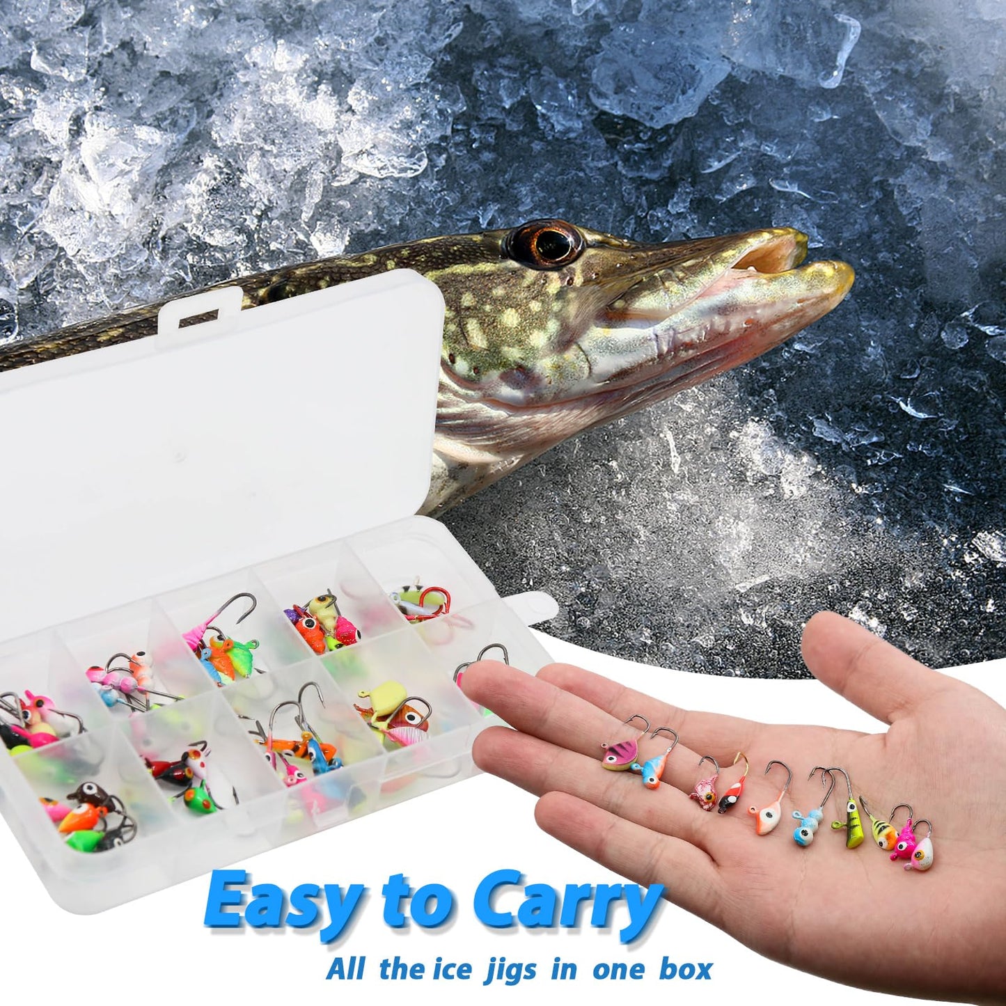 Ice Fishing Jigs Kit, 30/60Pcs Glow Ice Fishing Lure Set for Winter Ice Jigging Crappie Sunfish Perch Panfish Walleye Pike Jigs, Ice Fishing Gear with Storage Box