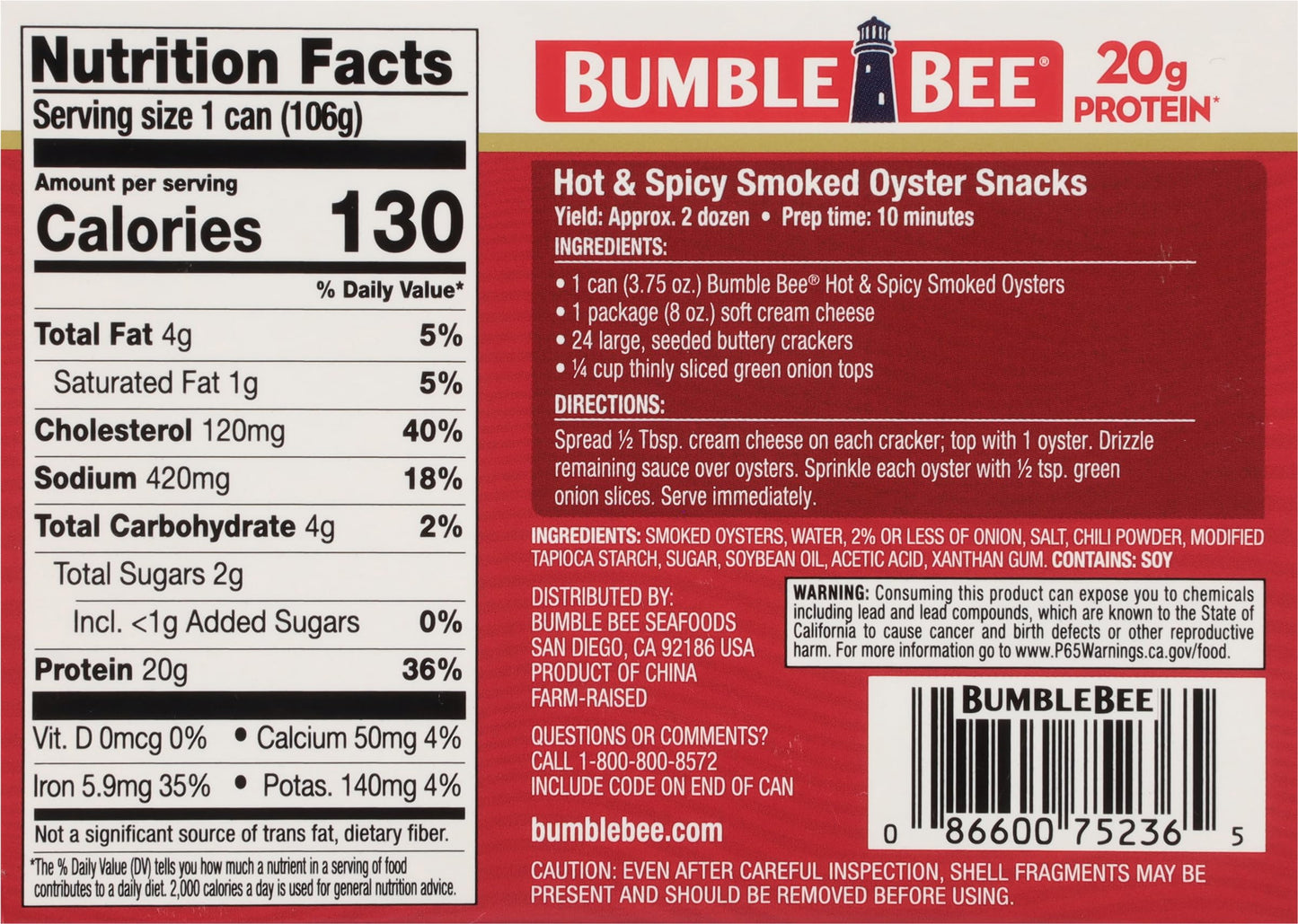 Bumble Bee Hot & Spicy Hardwood Smoked Oysters, 3.75 oz Tin (Pack of 12) - 20g Protein per Serving, Gluten Free, Keto