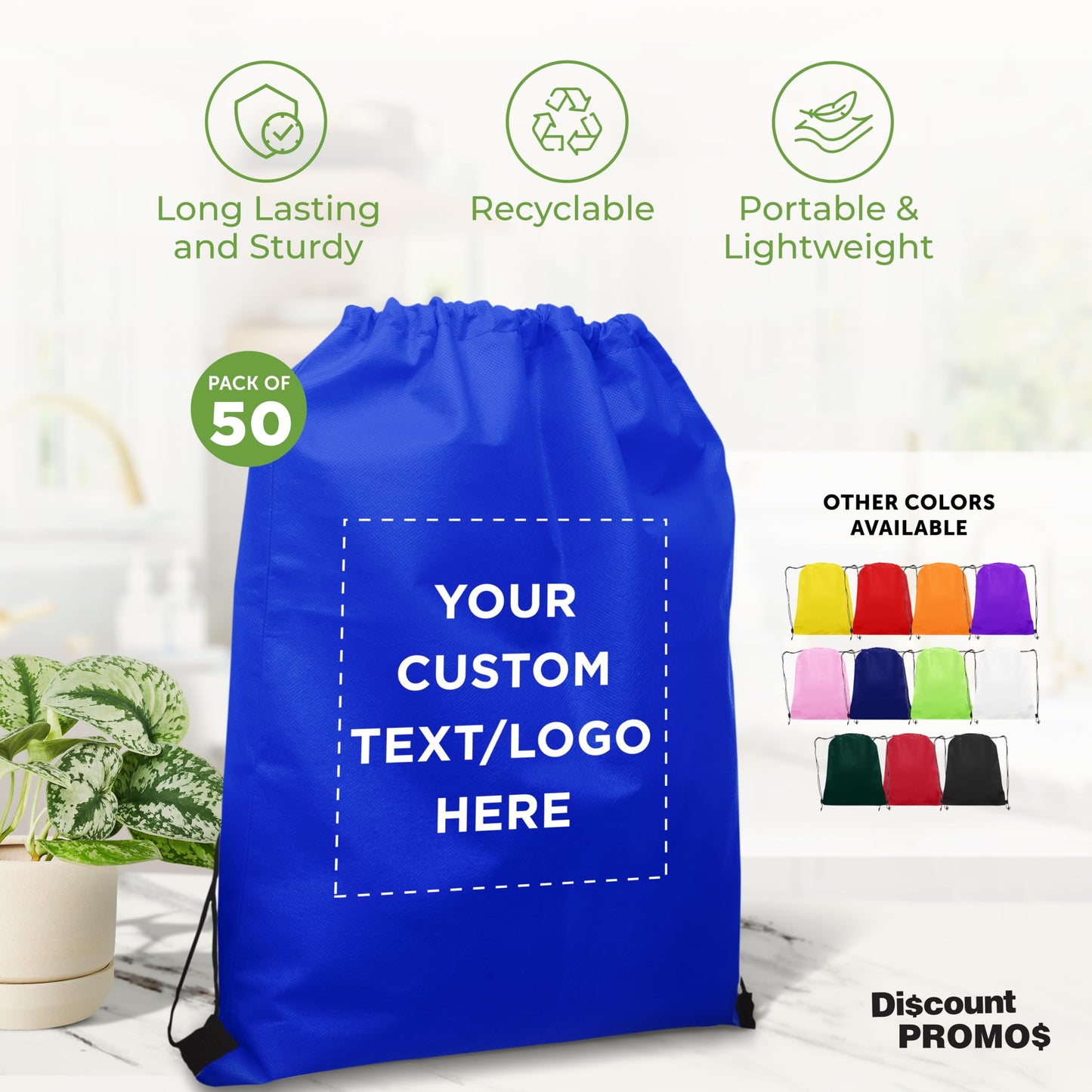DISCOUNT PROMOS Custom Non-Woven Drawstring Backpacks Set of 10, Personalized Bulk Pack - Bring Everywhere You Go, Great for Travelling, Gym and for Everyday Use - Blue
