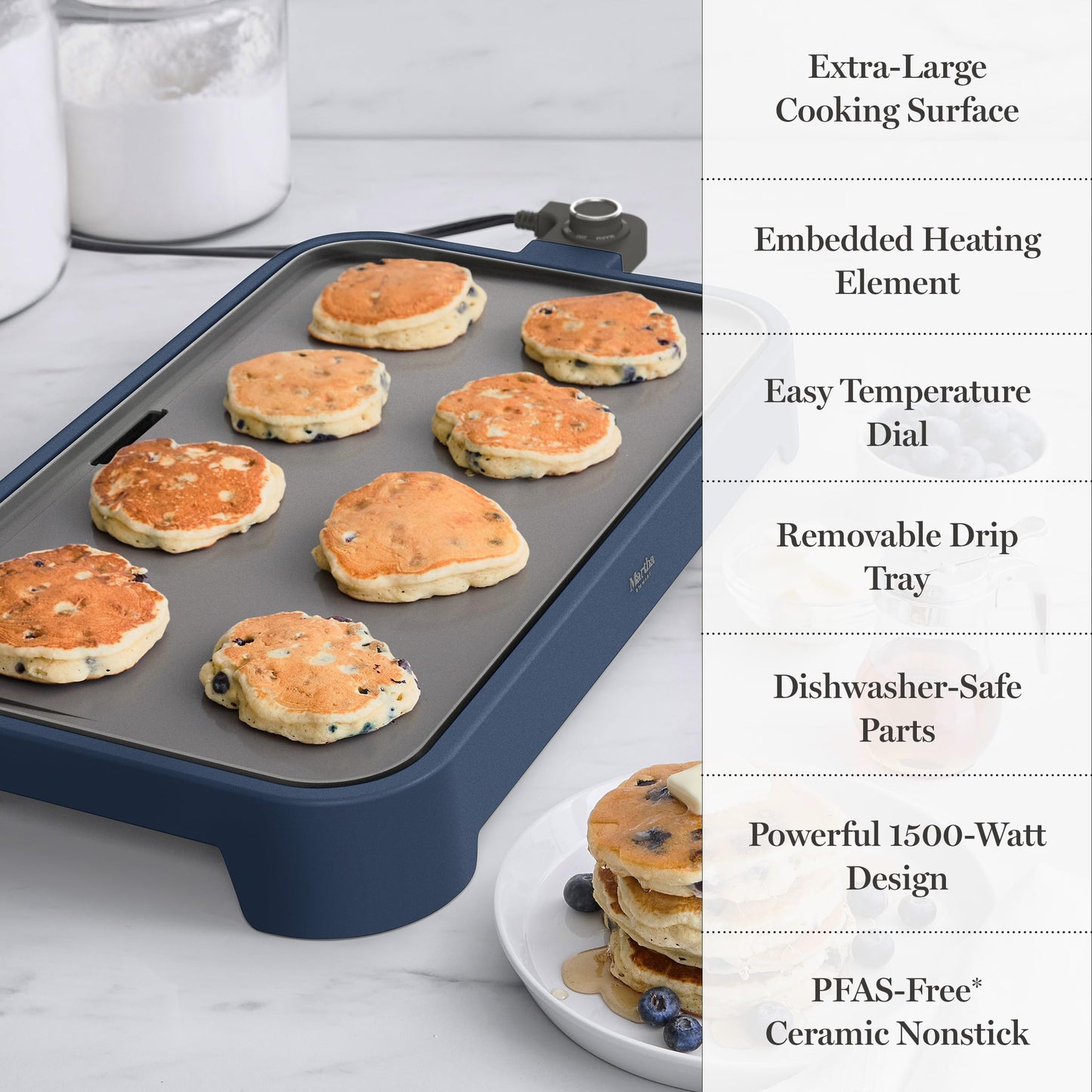 Martha Stewart 12” x 22” Electric Griddle, XL Ceramic Nonstick Flat Top Cooking Surface, Adjustable Temperature Dial, Drip Tray, Dishwasher Safe, 1500W Fast Even Heating, Pancakes & Eggs, Linen White