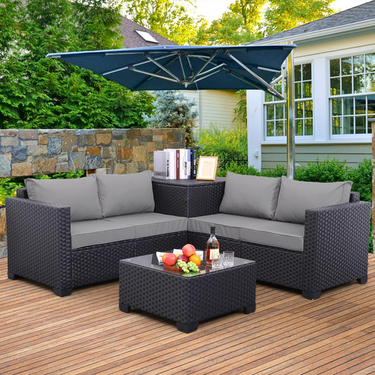 Outdoor PE Wicker Patio Furniture Set 4 Piece Black Rattan Sectional Loveseat Couch Set Conversation Sofa with Storage Box Glass Top Table and Non-Slip Grey Cushion