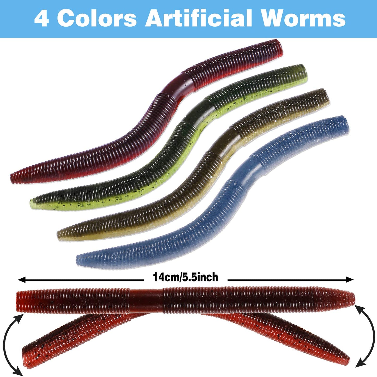 PLUSINNO 5.5" Wacky Worm Fishing Lure Kit, 137PCS Soft Plastic Fishing Lures, Grub Baits Hook Wacky Rig Bass Trout Fishing Worms Lures w/Tackle Box-A