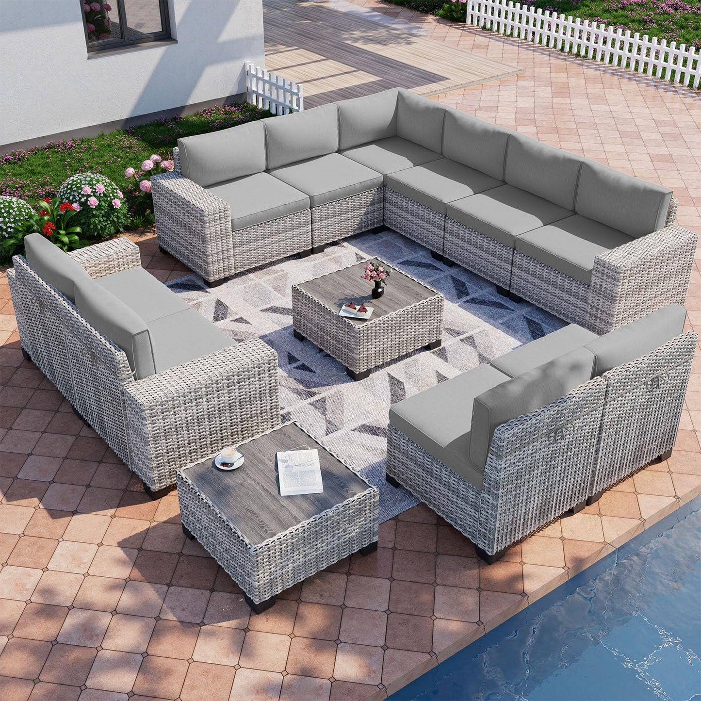 6-Piece Outdoor Patio Furniture Set Wicker Sectional Sofa Set, Patio Conversation Set with Thickened Cushions & Coffee Table for Garden, Backyard, Poolside, Beige