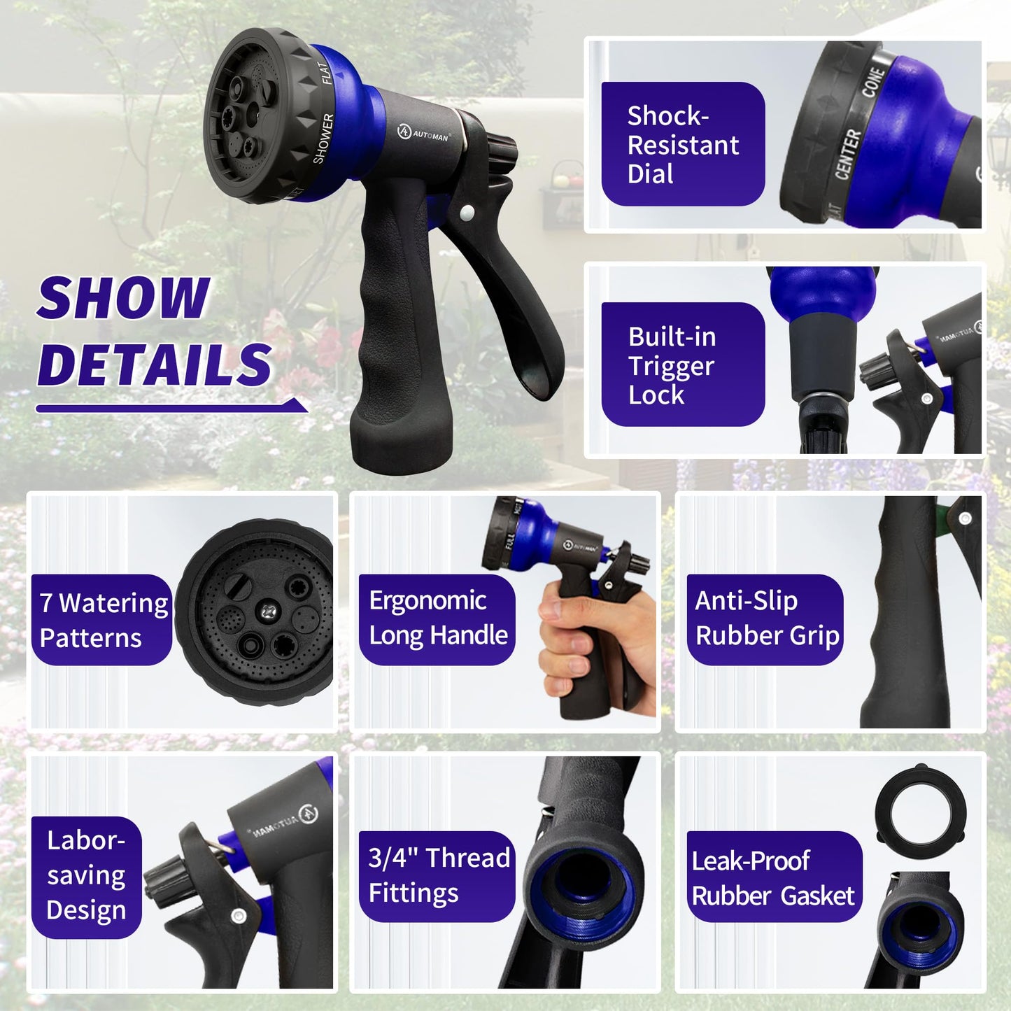 AUTOMAN-Garden-Hose-Nozzle, ABS Water Spray Nozzle with 7 Adjustable Watering Patterns, Slip Resistant for Watering Plants, Lawn& Garden, Washing Cars, Cleaning, Showering Pets & Outdoor Fun.