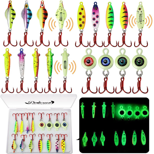 Dovesun Ice Fishing Jigs Ice Fishing Lures Kit Rattling Glow Ice Fishing Spoons for Bass Crappie Panfish Mens Fishing Gifts 15PCS/4PCS/3PCS