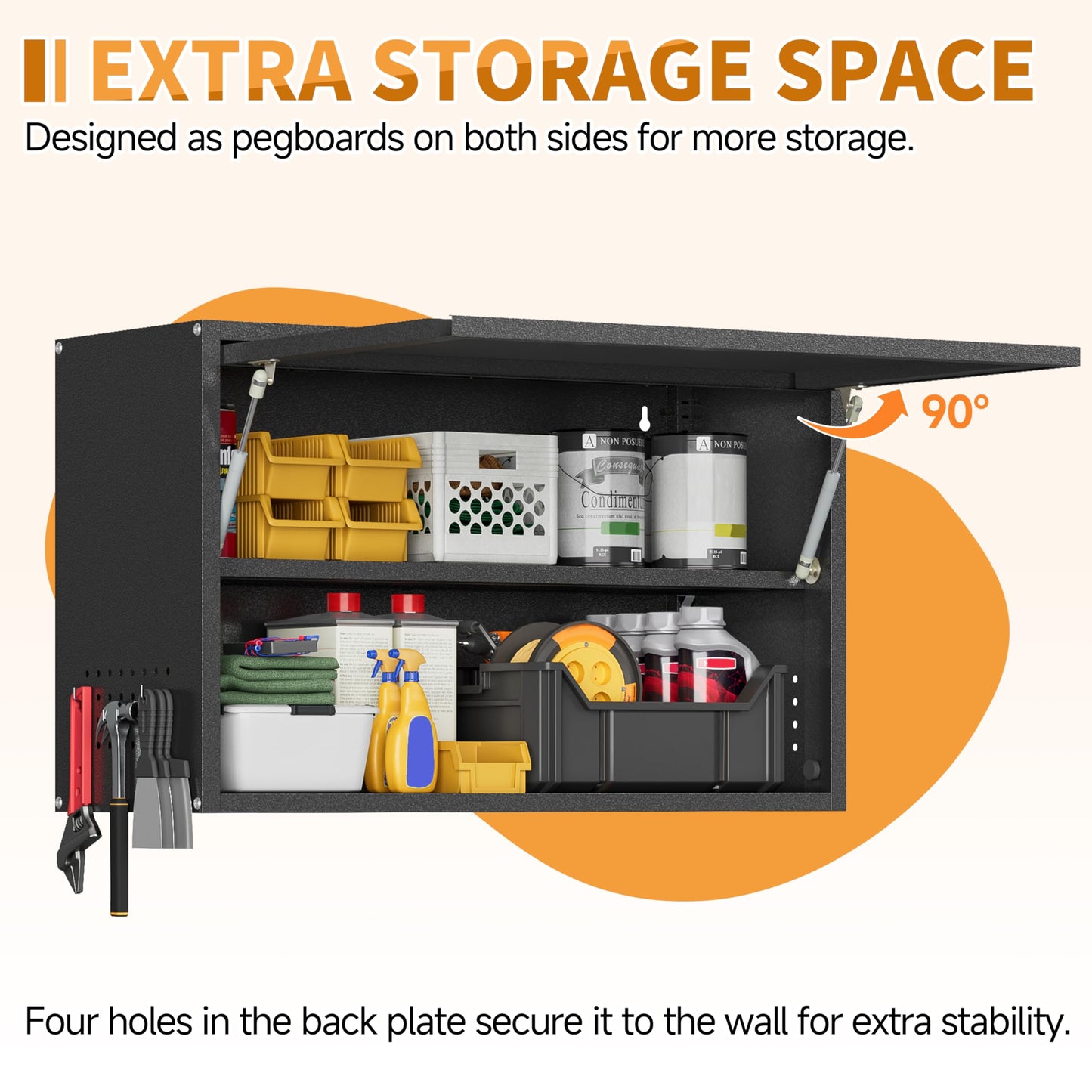 Firstsky Metal Garage Wall Cabinet with Up-Flip Door, Black Float Tool Cabenit with Adjustable Shelf,Upper Storage Cabinets with Pegboard for Kitchen,Garage,Workshop,Warehouse (19.7" H,Black)