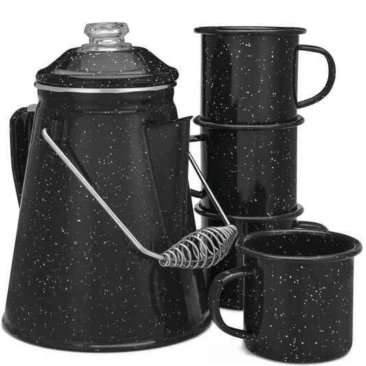 COLETTI Classic Camping Coffee Pot & Mug Set - Percolator Coffee Pot, Enamel Mug Complete Nostalgic Bundle German Imported Enamel Powder [12 oz, Set of 4] (Green)