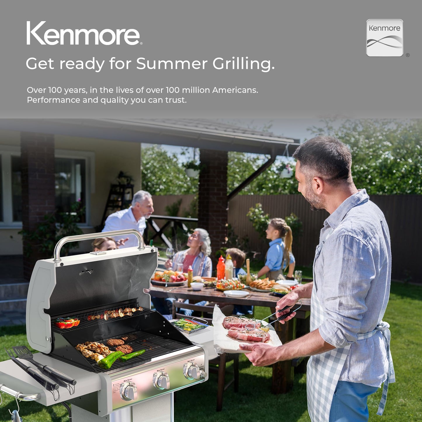 Kenmore 3-Burner Propane BBQ Grill, 30,000 BTUs Gas Grill with Cast Iron Cooking Grates, Folding Side Tables & Wheels, Outdoor Grill with Tool Hooks, Azure Blue