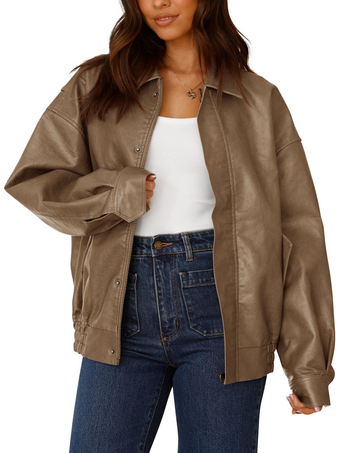 PRETTYGARDEN Women's Faux Leather Motorcycle Jacket Trendy Fall Spring Clothes Oversized Zip Up Winter Coat Outerwear