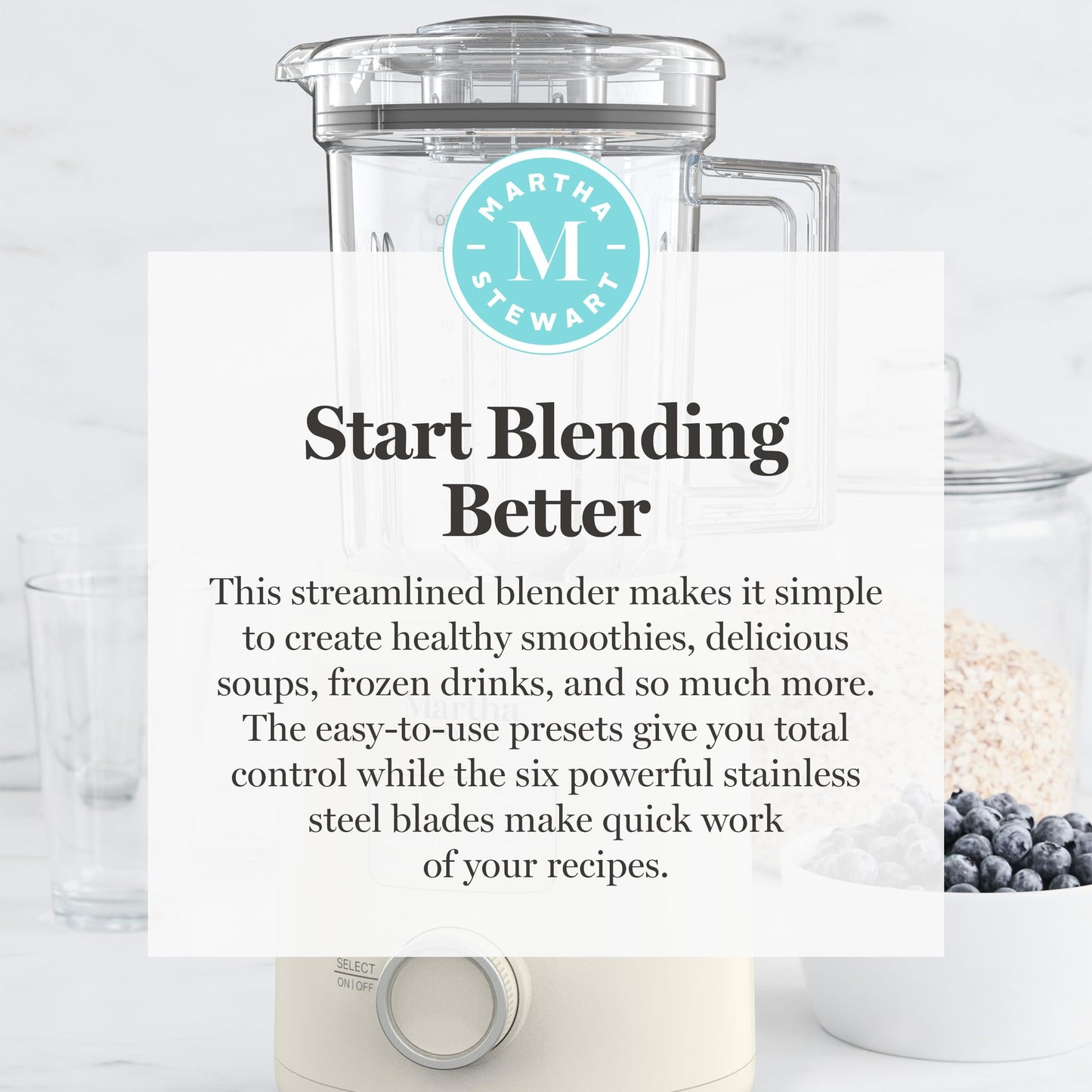 Martha Stewart 50oz Countertop Blender, Smoothie, Margarita & Ice Crushing Blender, BPA-Free Pitcher, 3 Speeds, 5 Presets, Auto-Clean Function, Dishwasher Safe, Stainless Steel Blades, Sky Blue