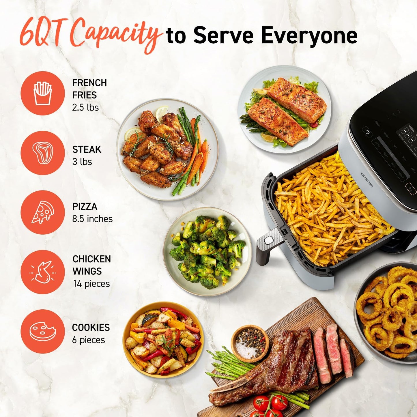 COSORI Air Fryer 9-in-1, Compact & Large 6-Qt, Fast Turbo Modes, 90–450°F Precise Heat for Even Results, Up to 95% Less Oil*, Roast, Bake, Dry, Reheat, Frozen, Broil, Proof, 120V, TurboBlaze, Grey