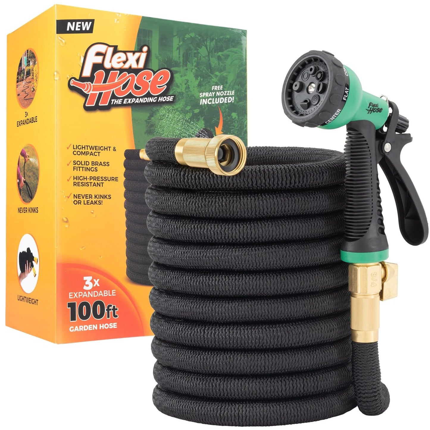 Flexi Hose with 8 Function Nozzle, 50FT - Lightweight Expandable Garden Hose, No-Kink Flexibility, 3/4 Inch Solid Brass Fittings and Double Latex Core