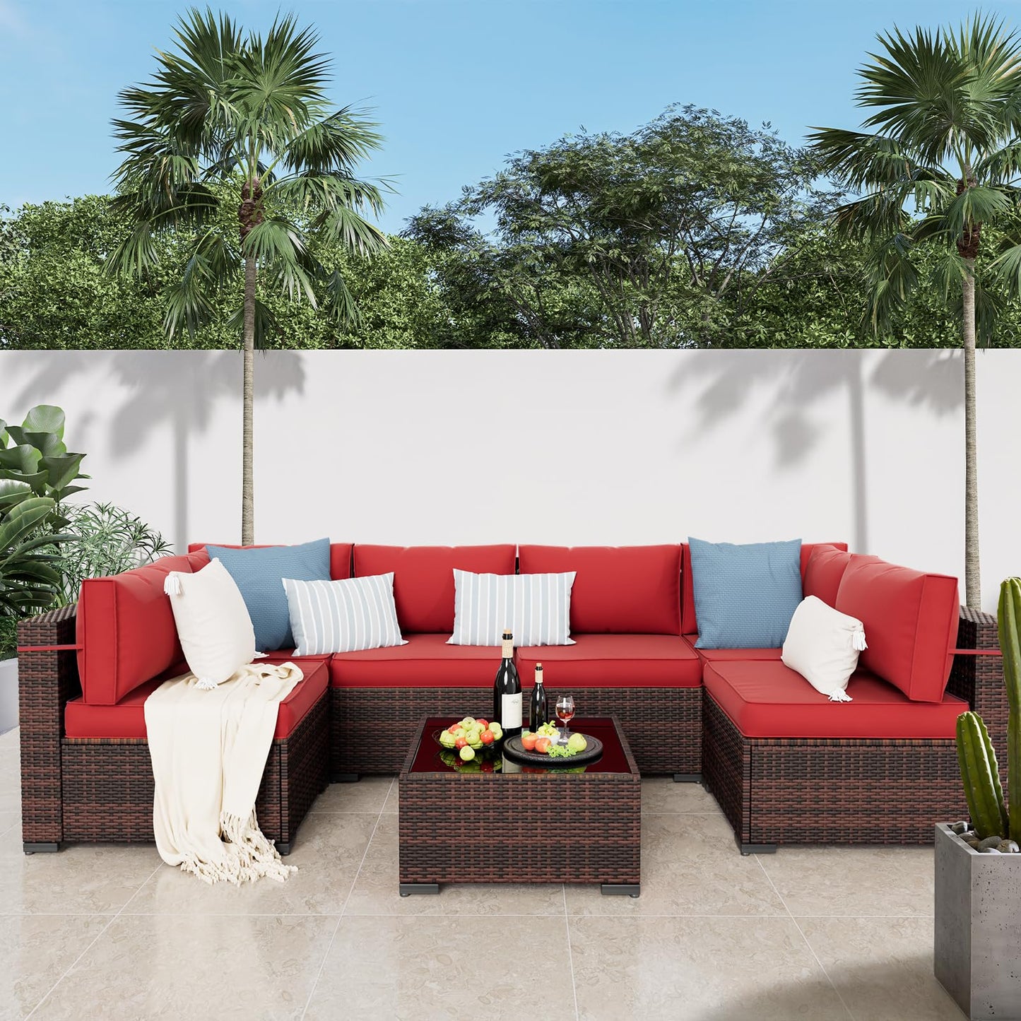 Amopatio Patio Furniture Sets, 7 Pieces Outdoor Rattan Sectional Sofa Set with Glass Table and Cushions, Wicker Patio Conversation Set for Outdoor Indoor Backyard Lawn Garden Porch (Grey)