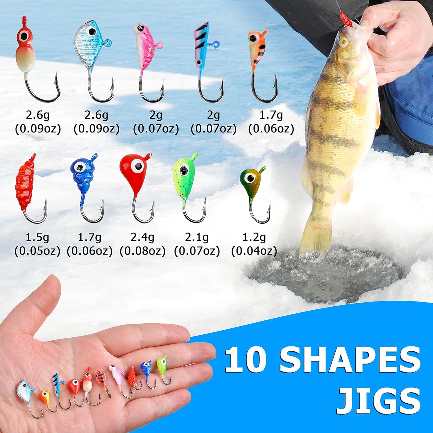 Ice Fishing Jigs Lures kit,48pcs Luminous Ice Fishing Gear Crappie Panfish Jigs Head Fishing Hooks Set for Winter Ice Jigging Walleye Perch Bluegill