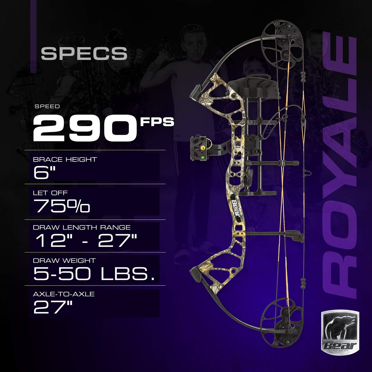 Bear Archery Royale Ready to Hunt Compound Bow Package for Adults and Youth, 12”- 27” Draw Length, 5-50 Lbs Draw Weight, Up to 290 FPS, Limbs Made in USA, Limited Life-Time Warranty