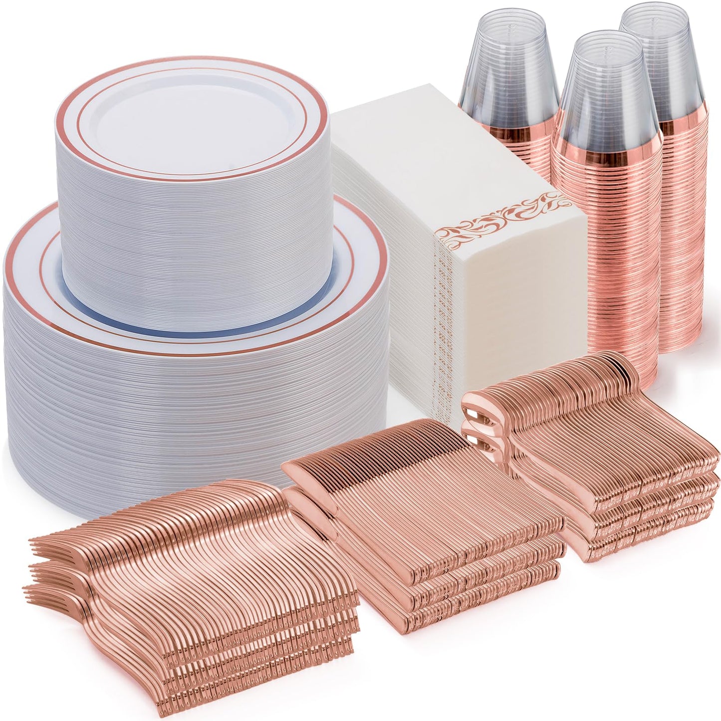 Goodluck 700 Piece Silver Dinnerware Set for 100 Guests, Disposable Plastic Plates for Party, Include: 100 Dinner Plates, 100 Dessert Plates, 100 Paper Napkins, 100 Cups, 100 Silverware set