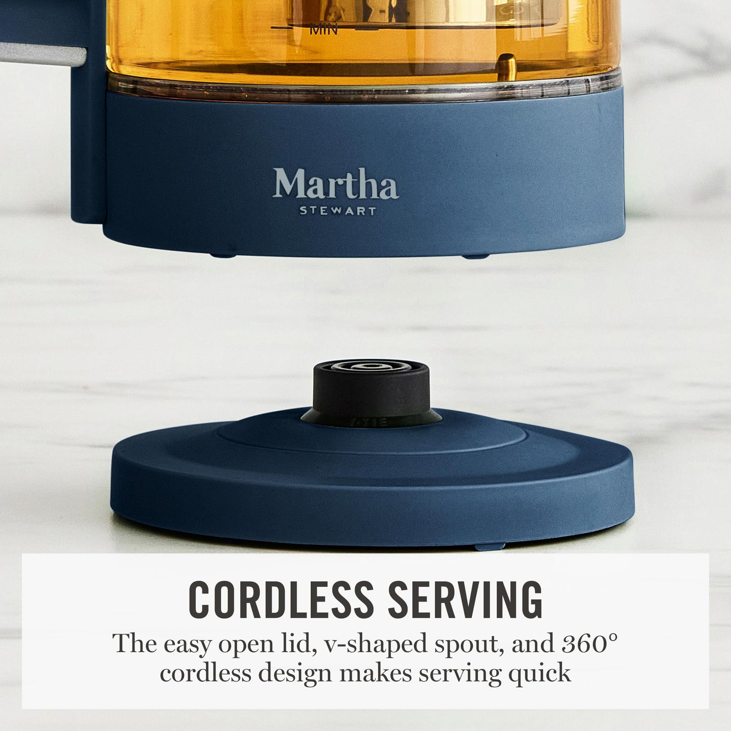 Martha Stewart Electric Kettle with Removable Stainless Steel Tea Infuser,  Glass Carafe 1.7L (7 Cups), Hot Water Boiler, 4 Presets, Keep Warm & Auto Shut-Off, Cordless 360° Swivel Base, Sky Blue