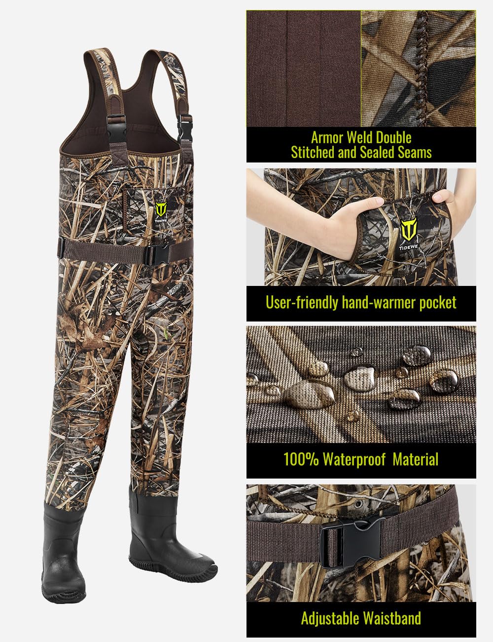 TIDEWE Chest Waders for Toddler & Children, Neoprene Waterproof Insulated Hunting & Fishing Youth Waders for Boy and Girl, Cleated Bootfoot Kids Wader, Next Camo Evos (Size 3T)