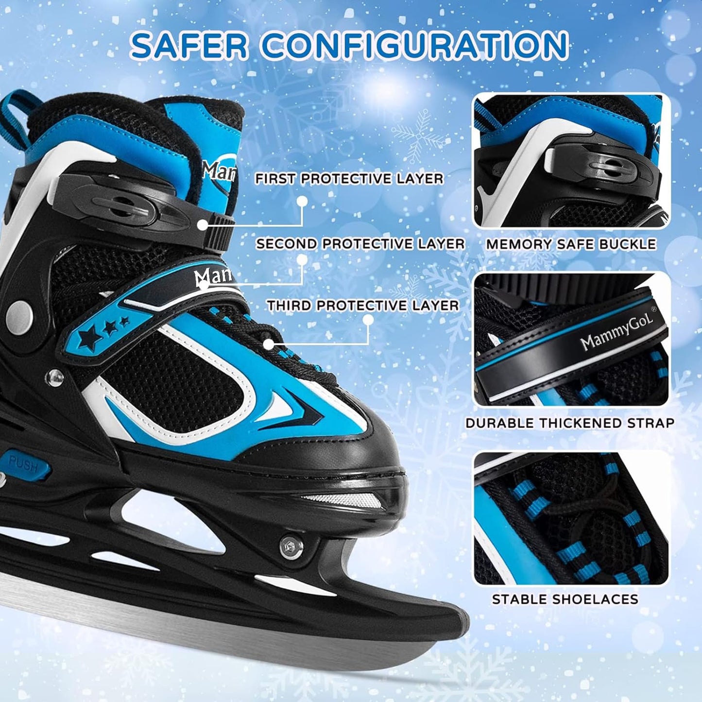 MammyGol Adjustable Ice Skates for Kids, Boys and Girls, Hockey Lace-Up Skate, Blue Ice Skating Size L for Beginner