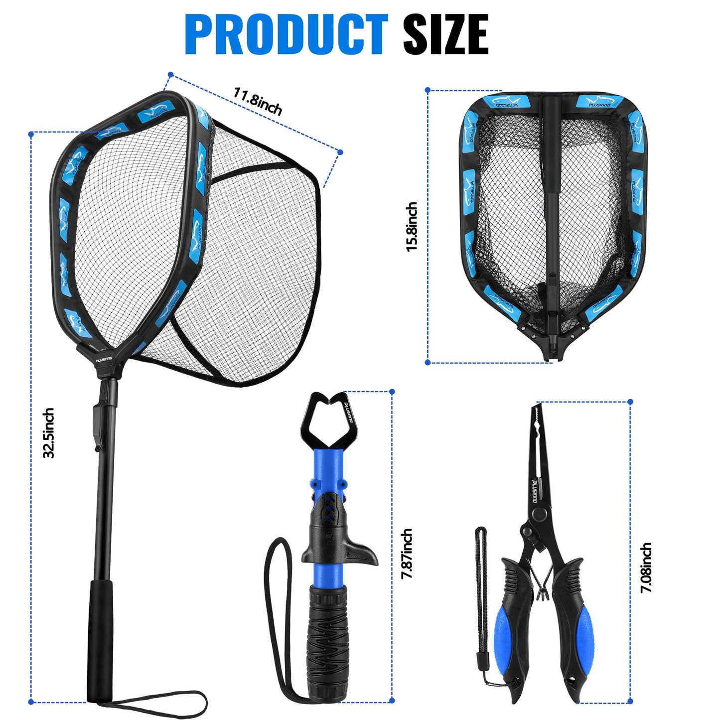 PLUSINNO Floating Fishing Net for Steelhead, Salmon, Fly, Kayak, Catfish, Bass, Trout Fishing, Rubber Coated Landing Net for Easy Catch & Release, Compact & Foldable for Easy Transportation & Storage
