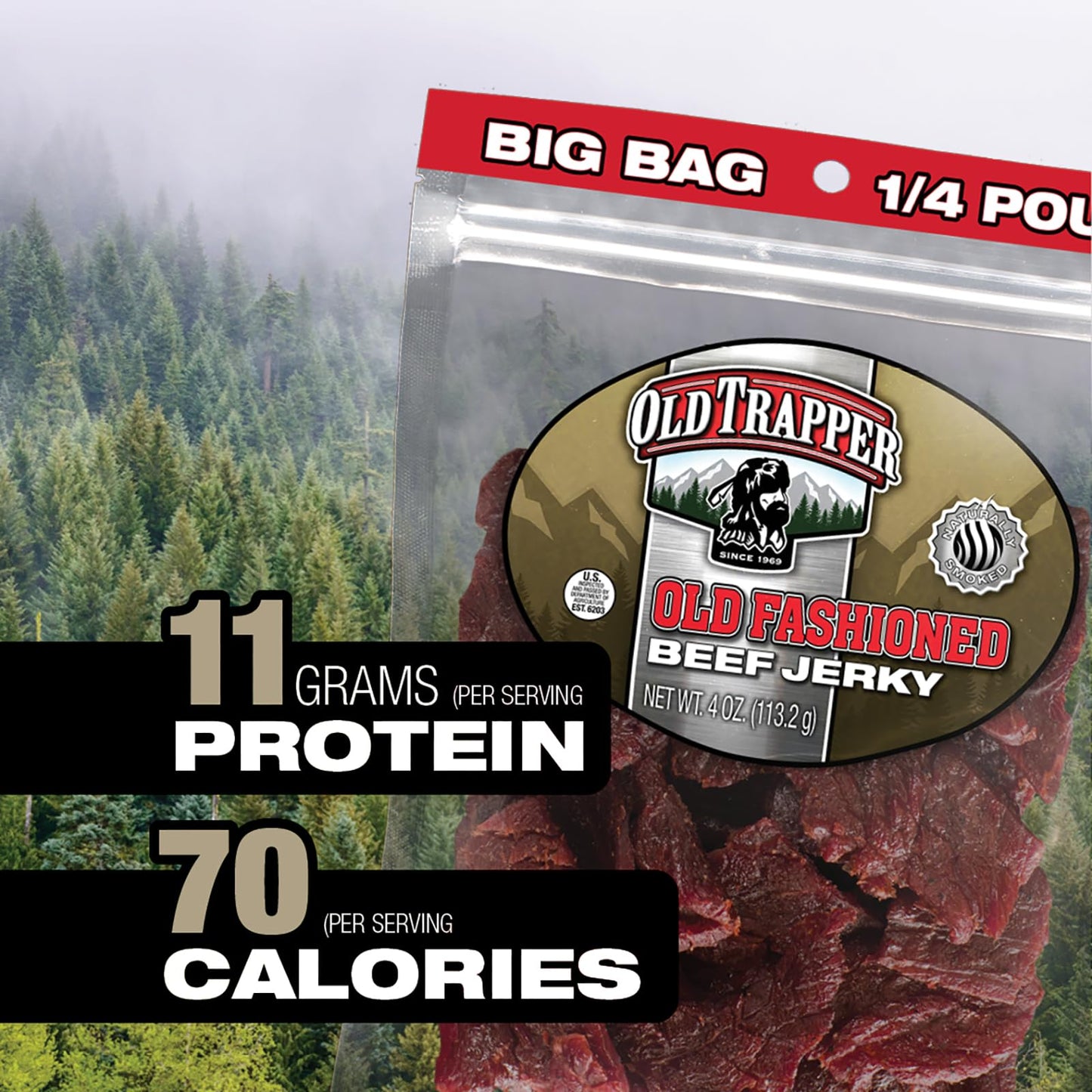 Old Trapper Beef Jerky, Old-Fashioned 10-Ounce Bag, Tender Meat Snacks for Lunches or Between Meals, 11 Grams of Protein, Zero Grams of Fat, and 70 Calories per Ounce (Pack of One)