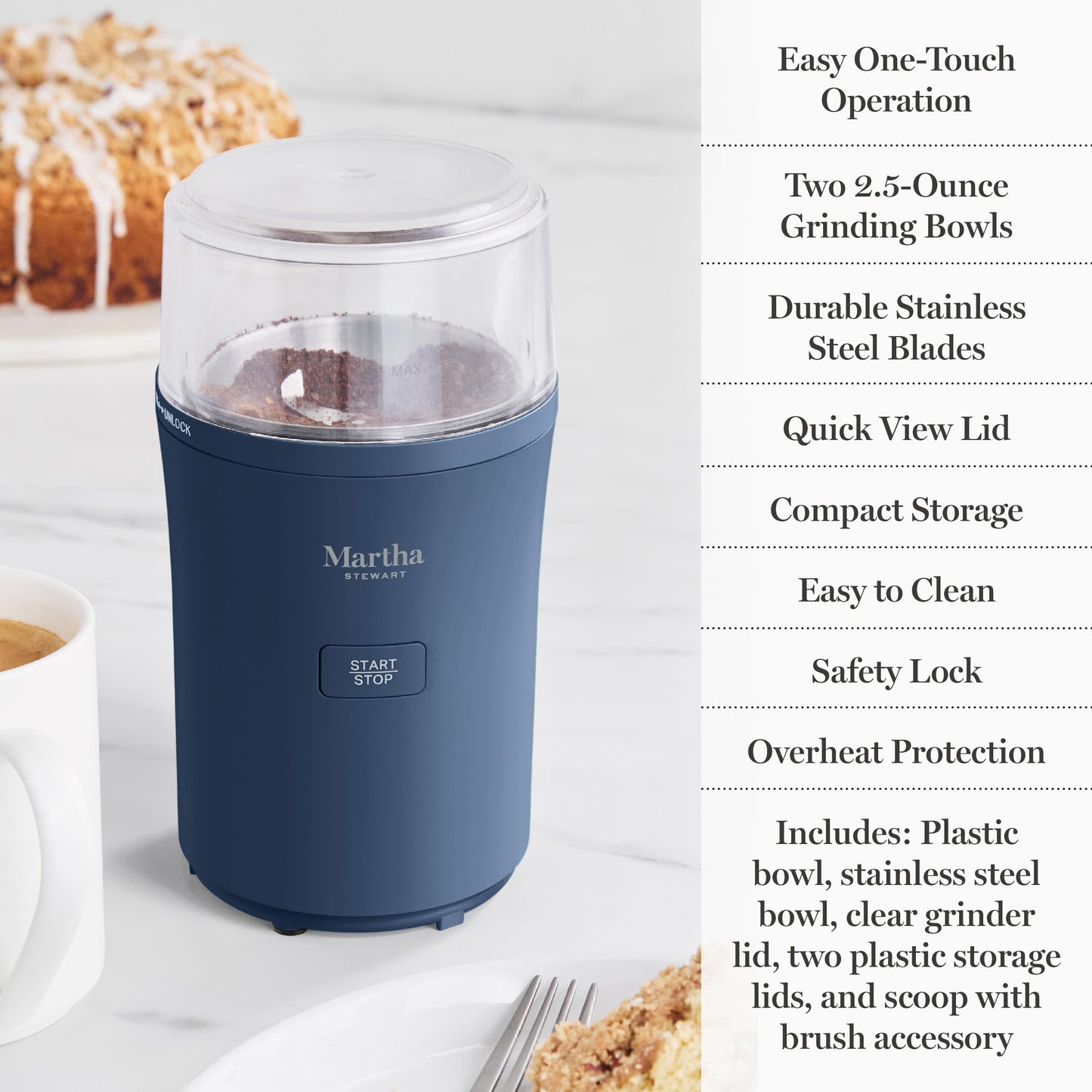 Martha Stewart Electric Coffee & Spice Grinder, Dual 2.5oz Removable Bowls, Storage Lids, Stainless Steel Blades, One Touch Pulse Control, 2-in-1 Compact, Beans & Spices, Herbs & Nuts, Sky Blue