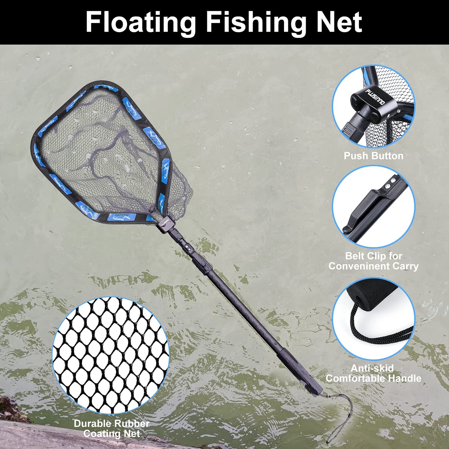 PLUSINNO Floating Fishing Net for Steelhead, Salmon, Fly, Kayak, Catfish, Bass, Trout Fishing, Rubber Coated Landing Net for Easy Catch & Release, Compact & Foldable for Easy Transportation & Storage